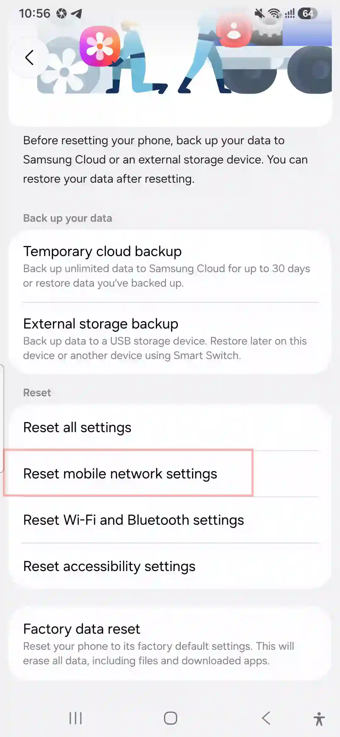 Selecting Reset mobile network settings option in Samsung Galaxy A56 menu