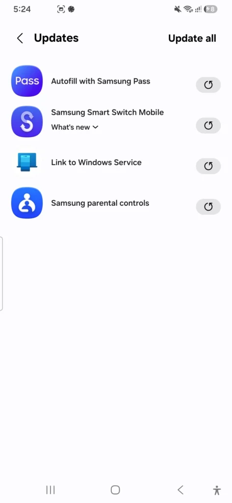 Galaxy Store Updates menu screen showing pending Samsung system and app updates on Galaxy A56