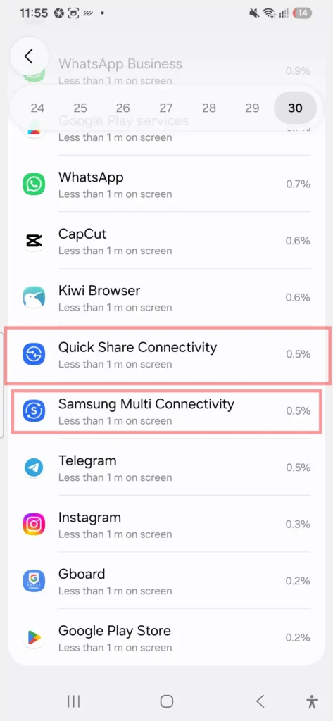 Quick Share and Samsung Multi Connectivity battery usage settings on Galaxy A56