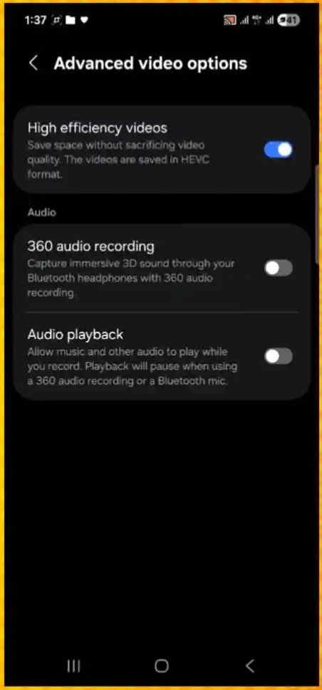 Galaxy A56 High Efficiency Videos and 360 Audio Recording settings