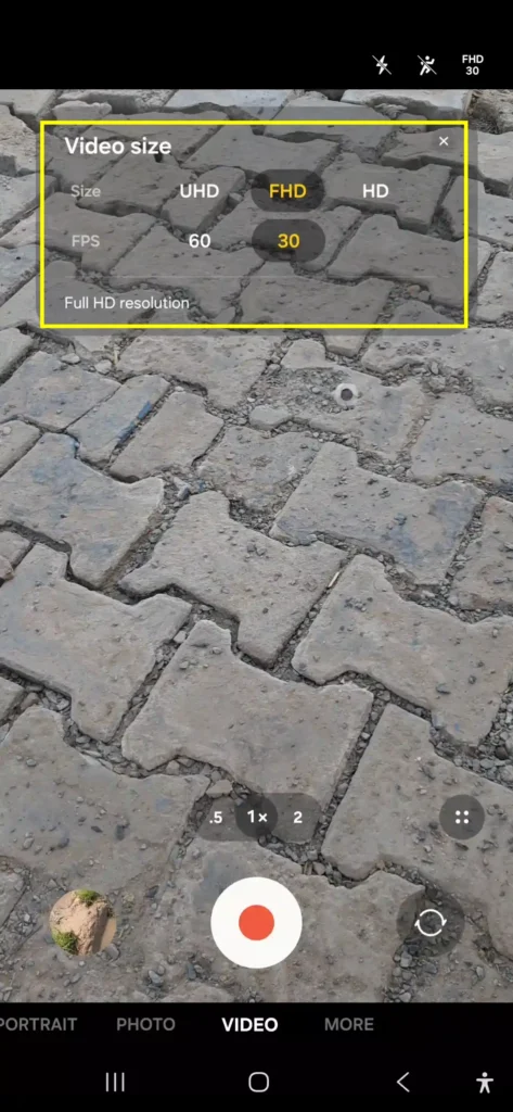 Galaxy A56 camera resolution and FPS selection menu options