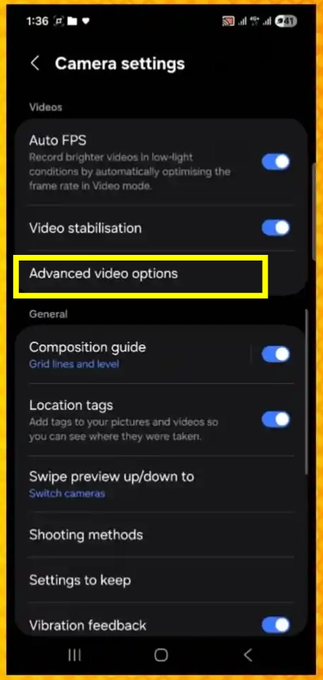 Samsung Galaxy A56 camera settings menu highlighting Advanced Video Options
