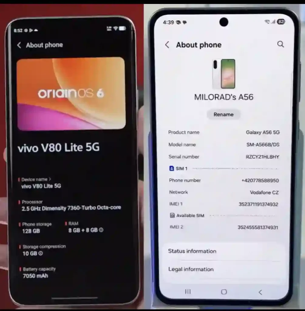 Vivo V80 Lite 5G vs Samsung Galaxy A56 about phone specs screen