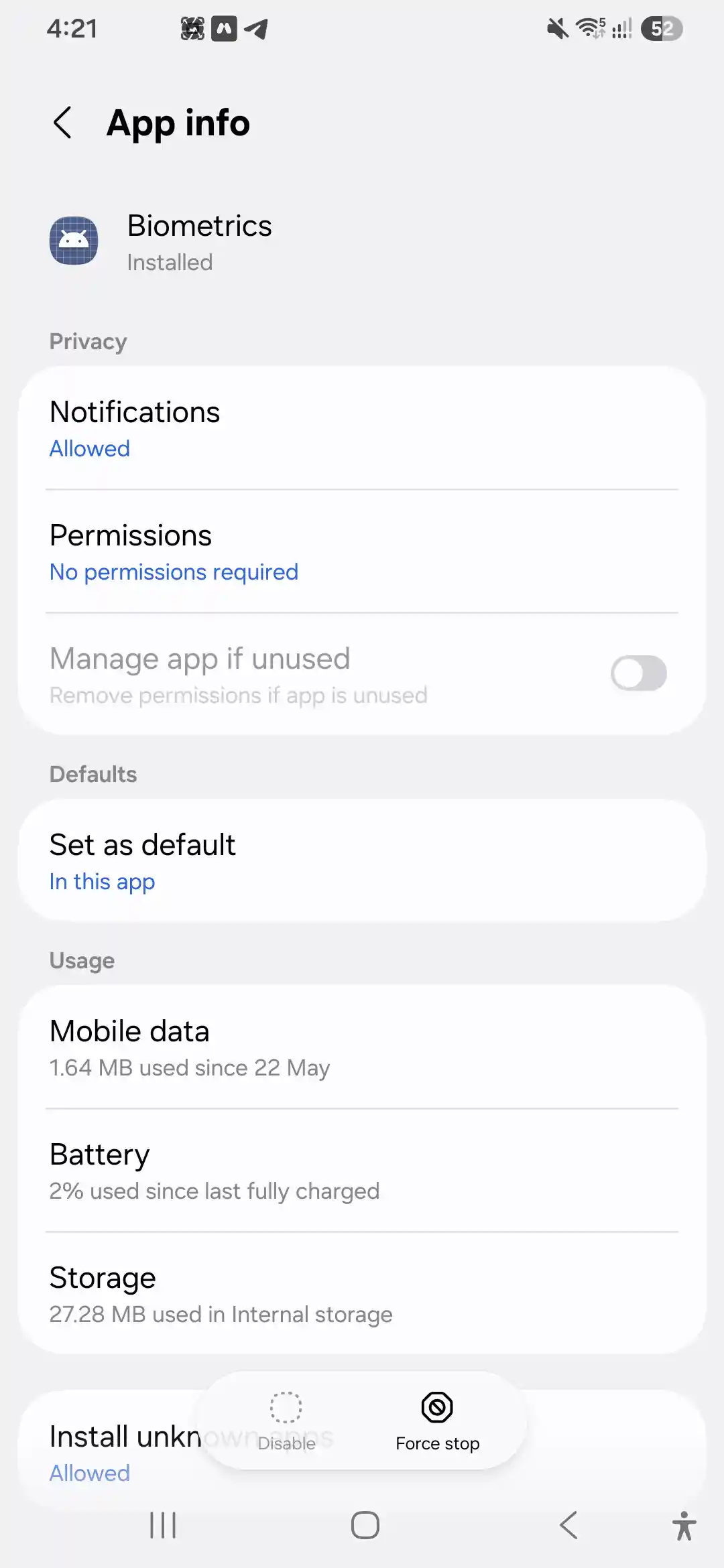 Biometrics app info menu on Samsung Galaxy A56 for clearing fingerprint storage cache

