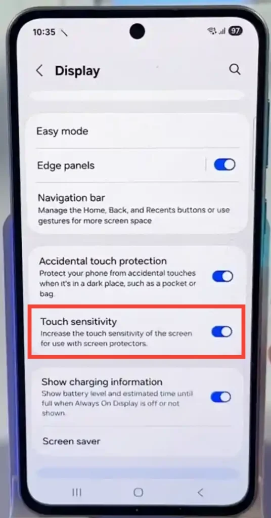 Enabling Touch Sensitivity in display settings on Samsung Galaxy A56 for screen protectors
