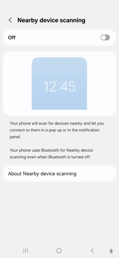 Samsung Galaxy A56 Nearby Device Scanning turned off to prevent background battery drain