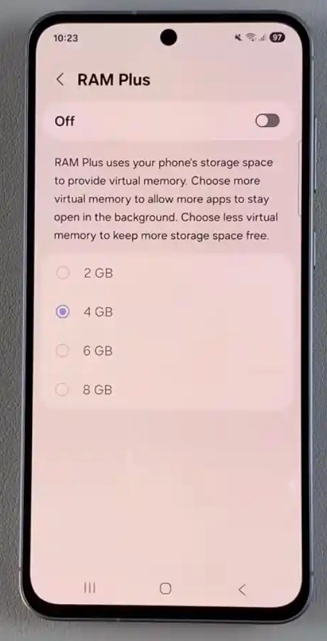 Samsung Galaxy A56 RAM Plus feature disabled in memory settings to reduce battery drain