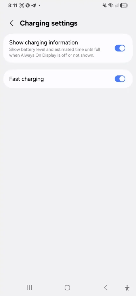 Samsung Galaxy A56 Fast Charging and Battery Protection toggles in One UI 8.5 settings