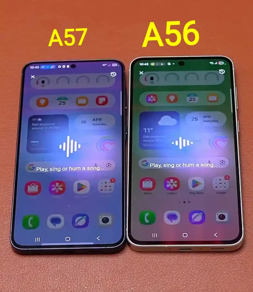 Samsung Galaxy A57 vs A56 front display panel and Galaxy AI features side by side comparison
