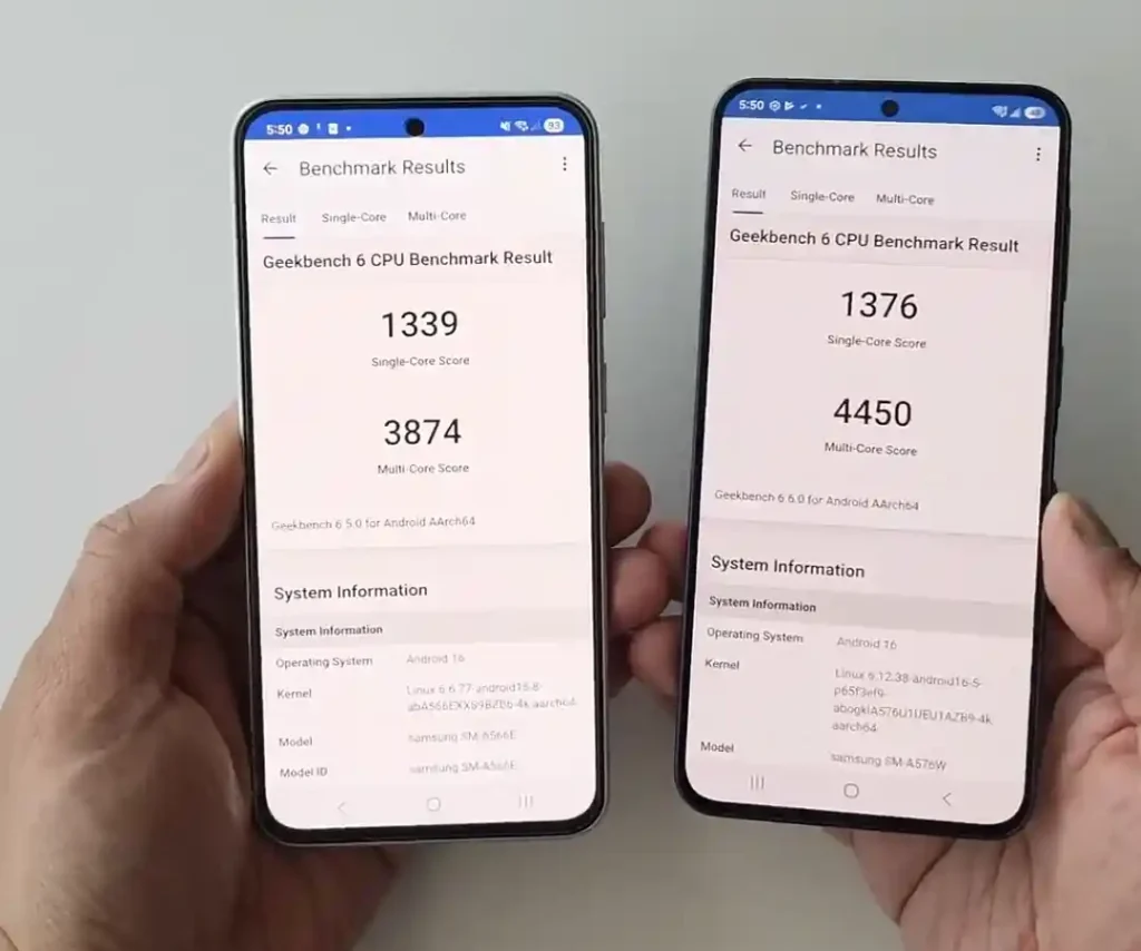 Geekbench 6 CPU benchmark test score comparison between Galaxy A57 and A56