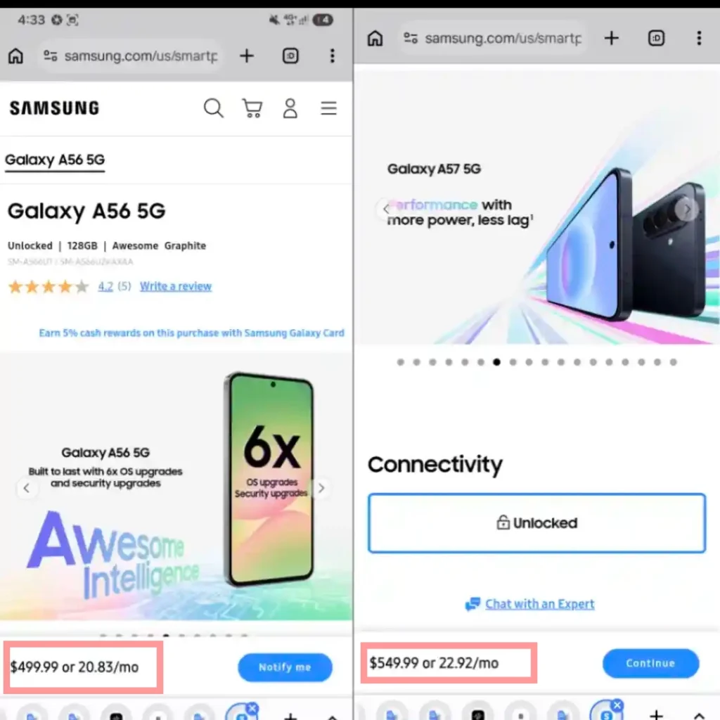 Samsung Galaxy A57 vs Galaxy A56 official store price and monthly payment comparison