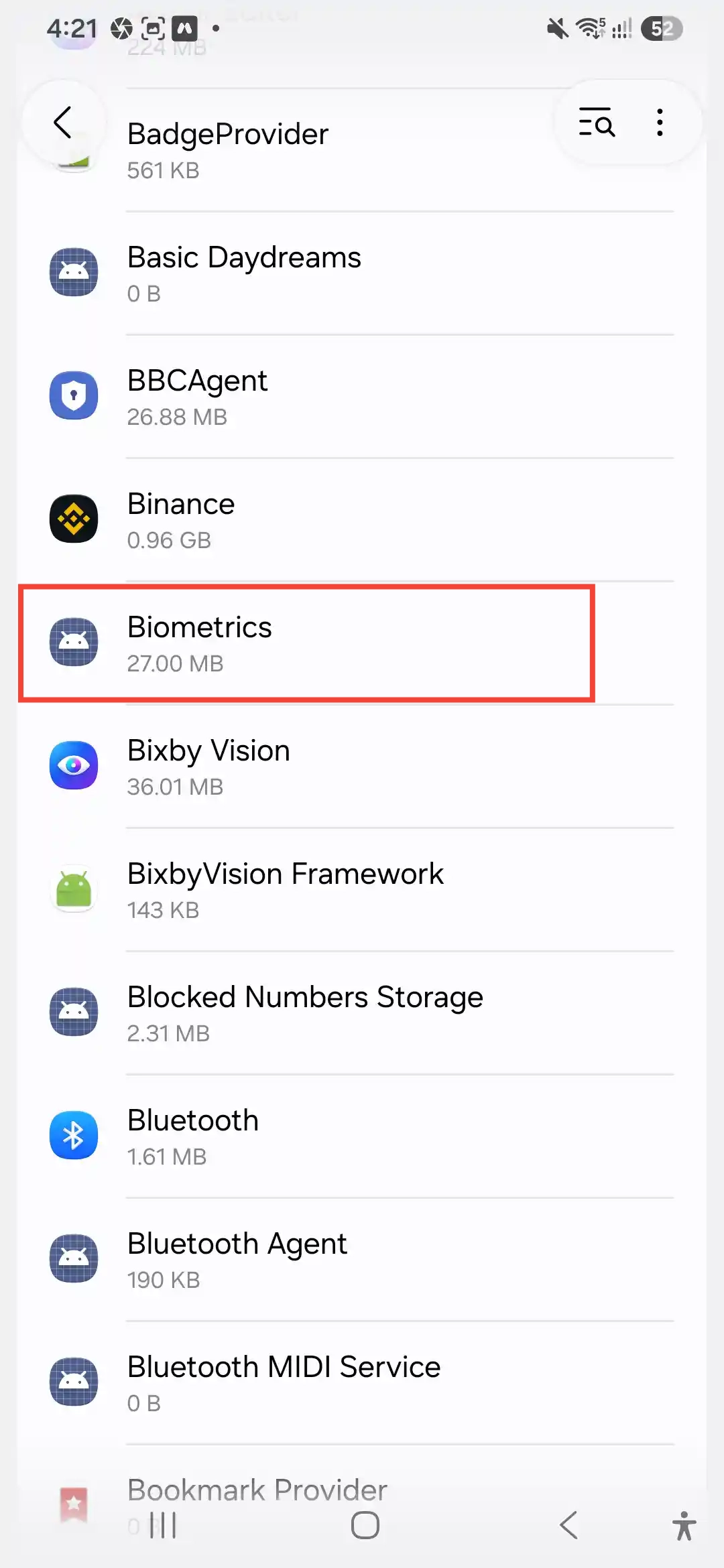 Selecting Biometrics system app on Samsung Galaxy A56 to clear cache
