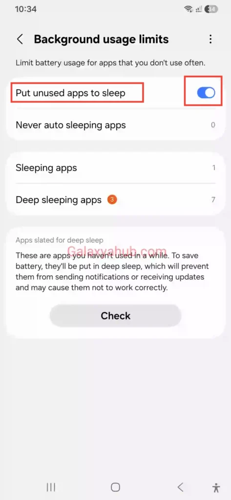 Enabling put unused apps to sleep on Samsung Galaxy A56 to stop overheating when not in use