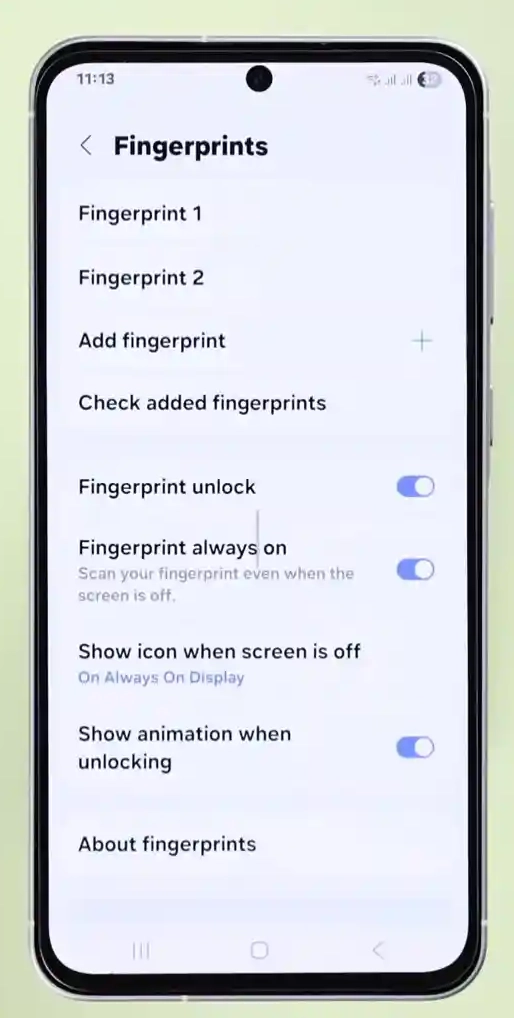 Samsung Galaxy A56 fingerprint settings menu showing registered biometric profiles
