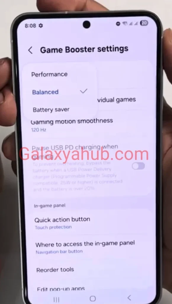 Samsung Galaxy A56 Game Booster settings showing balanced performance mode for gaming