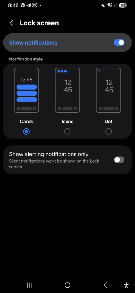 Samsung Galaxy A56 lock screen notification styles showing Cards, Icons, and Dot options