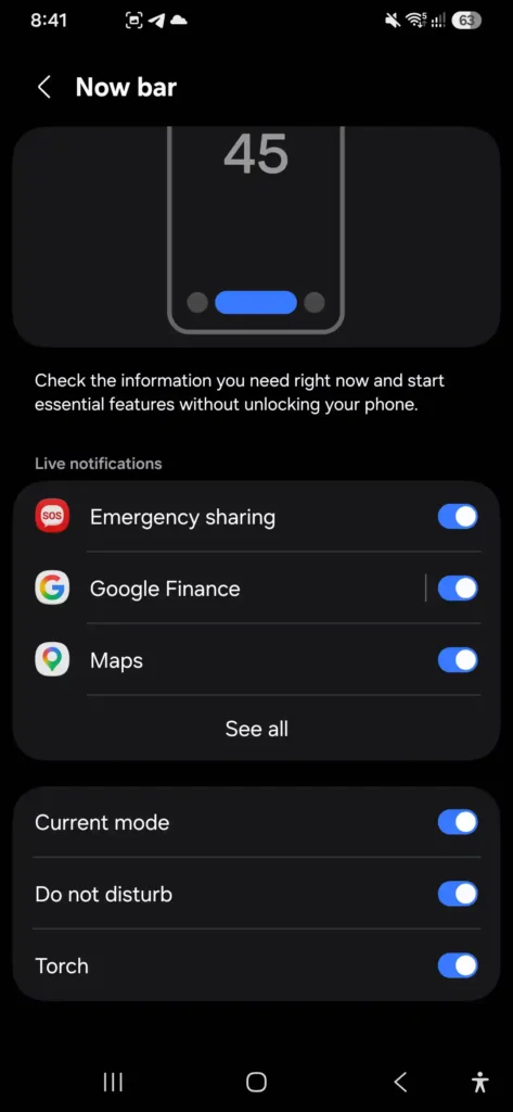 Samsung Galaxy A56 Now Bar live notifications settings menu on One UI 8.5