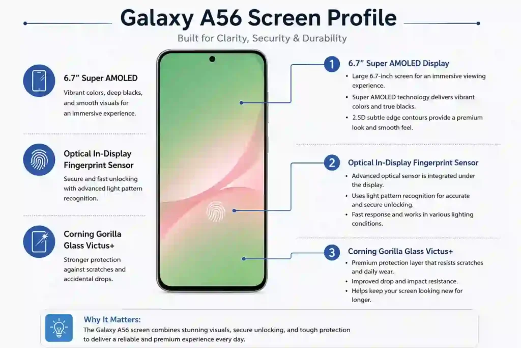 Samsung Galaxy A56 screen profile infographic showing 6.7 inch Super AMOLED display and in-display fingerprint sensor
