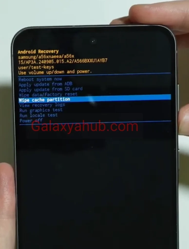 Selecting wipe cache partition in Android recovery mode for Samsung Galaxy A56 overheating fix