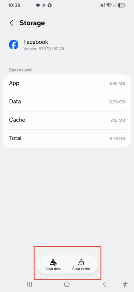 Clear cache and clear data buttons on Samsung Galaxy A56 Facebook app