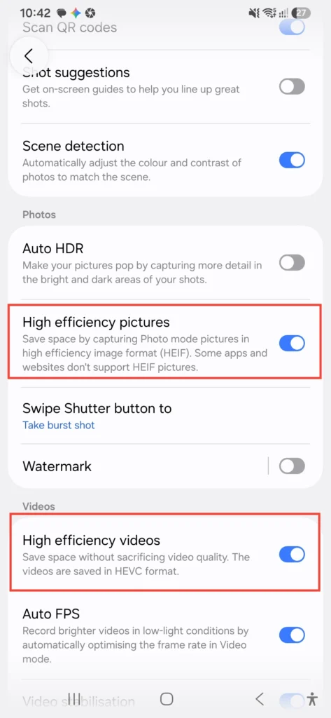 Samsung Galaxy A56 camera settings high efficiency pictures and videos toggle