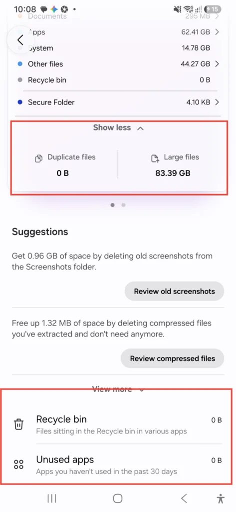 Review large files and cleanup suggestions using Samsung's Device Care tool.