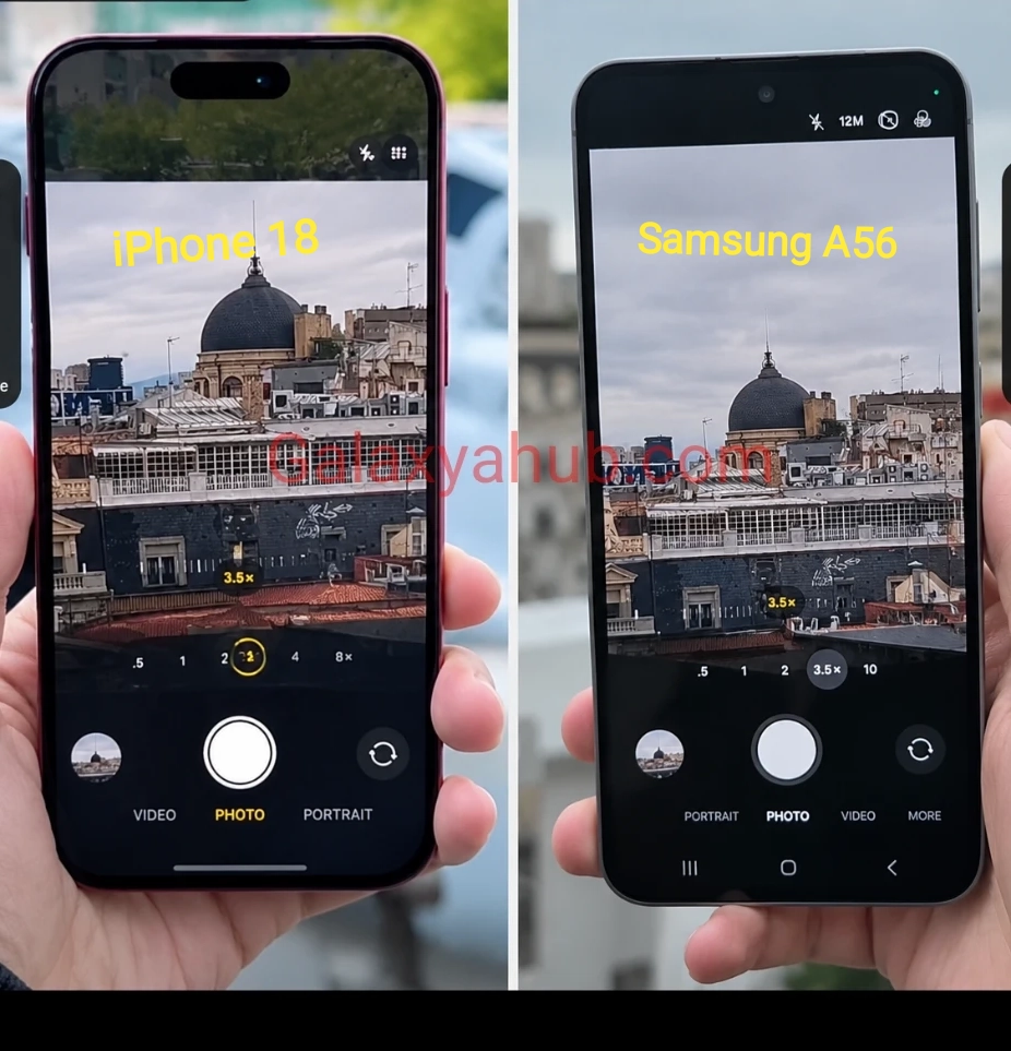 Galaxy A56 vs iPhone 18 Pro camera interface and zoom dials comparison