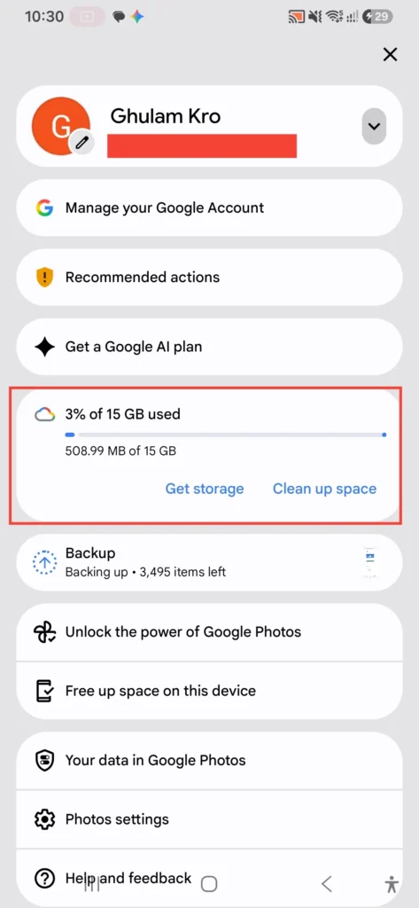 : Clean up device storage safely using Google Photos backup options.