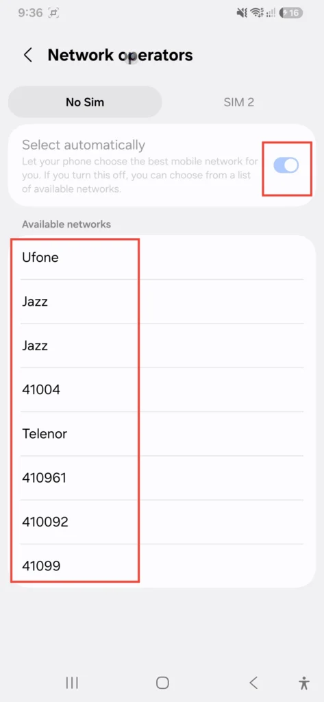 Samsung Galaxy A56 network operators list showing automatic carrier search