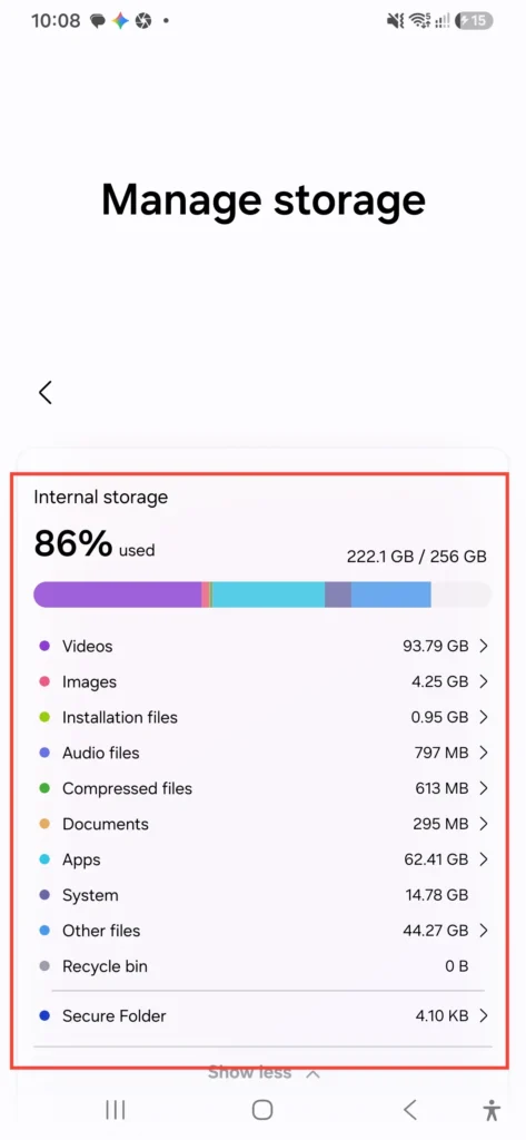 Check your Samsung Galaxy A56 internal storage breakdown in Device Care.