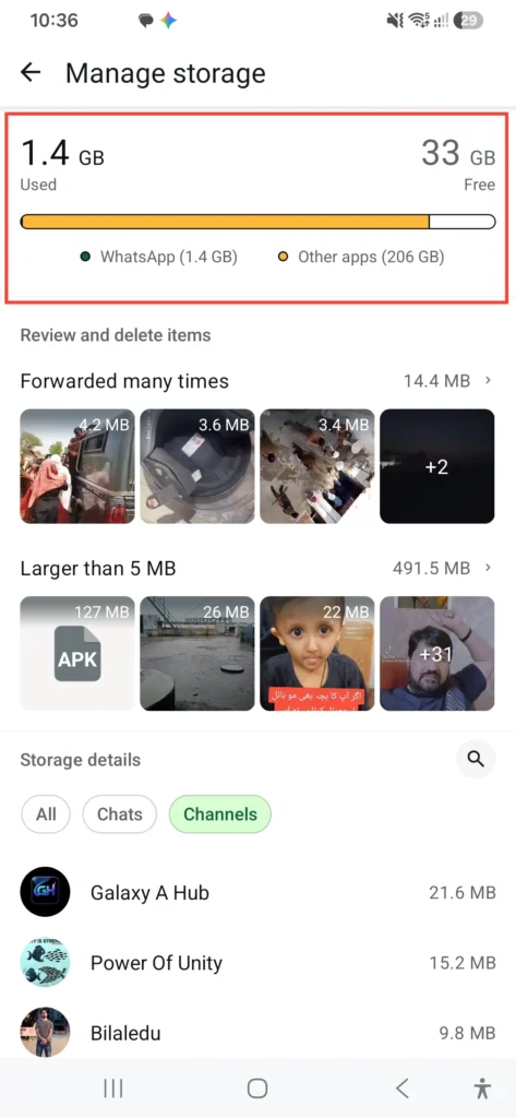 Clear WhatsApp media and large files using built-in storage management settings.