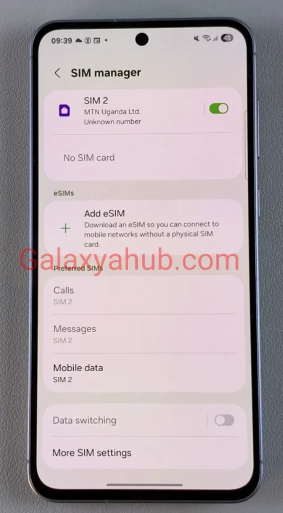 Samsung Galaxy A56 SIM manager menu showing active SIM cards and eSIM options