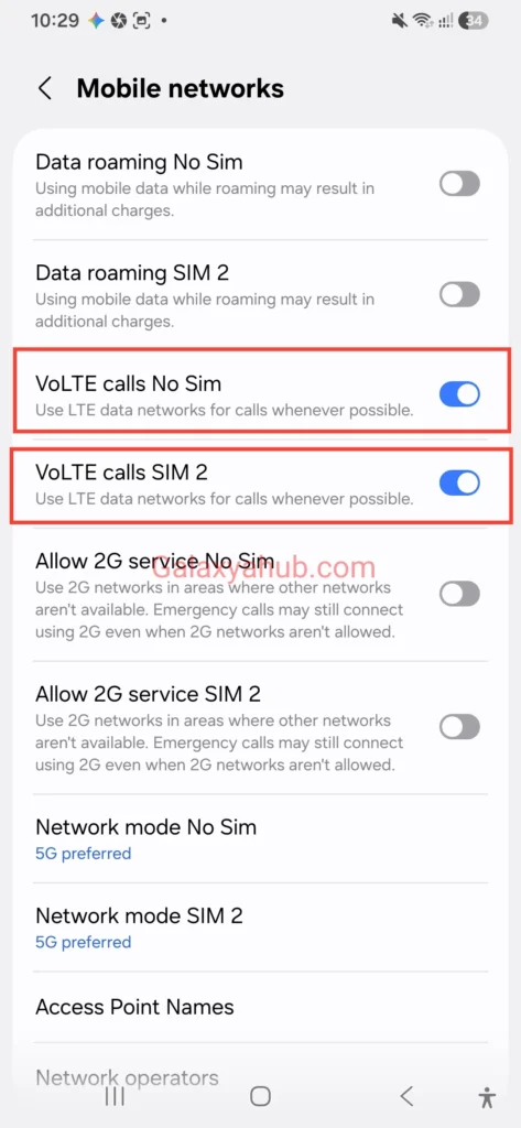 Enabling and disabling VoLTE calls on Samsung Galaxy A56 mobile networks