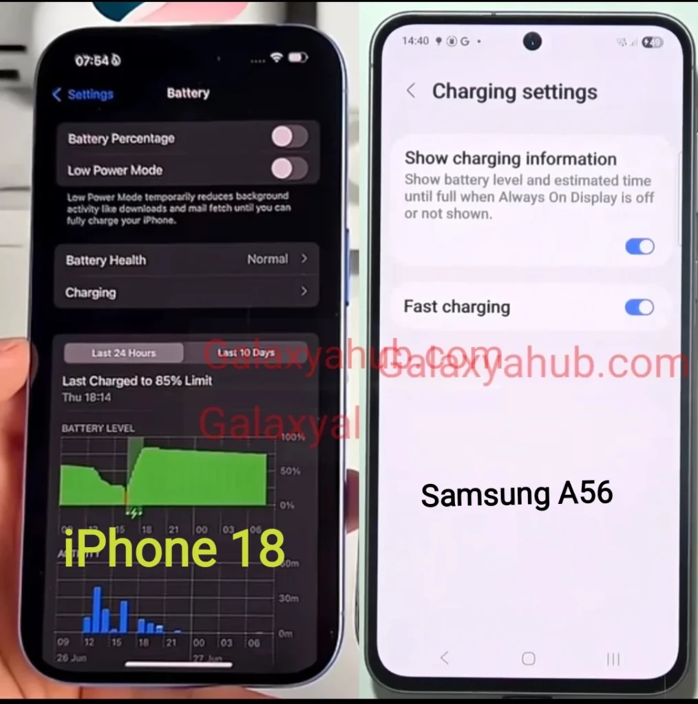 Galaxy A56 vs iPhone 18 Pro battery life and fast charging settings