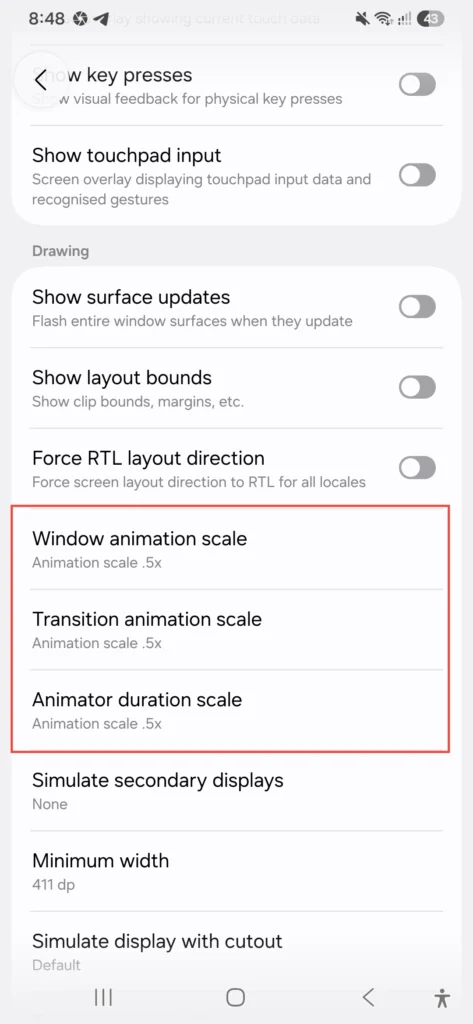 Developer options animation scale set to 0.5x on Samsung Galaxy A56