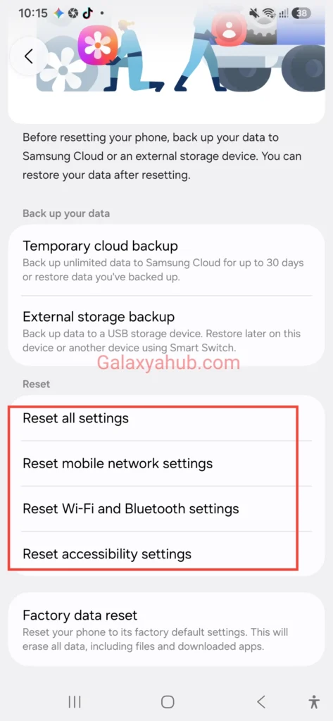 Reset network settings option on Samsung Galaxy A56 for mobile data fix