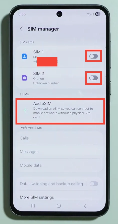 Samsung Galaxy A56 SIM manager settings toggles and add eSIM option