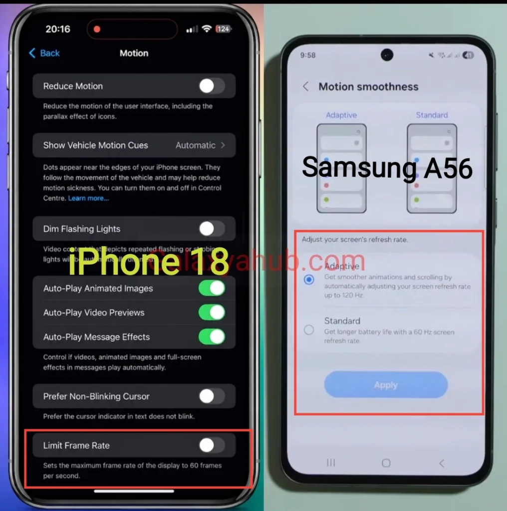 Galaxy A56 vs iPhone 18 Pro display refresh rate 120Hz settings comparison