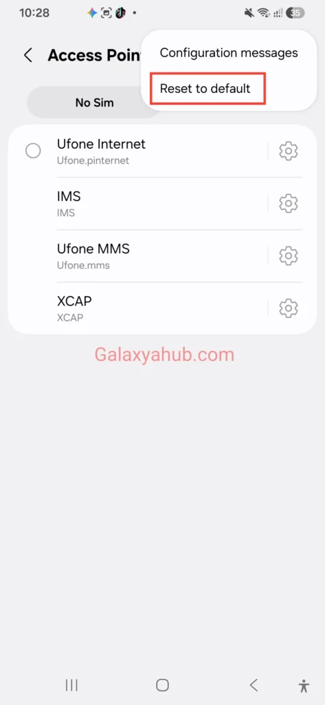 Reset APN settings to default on Samsung Galaxy A56 for mobile data repair