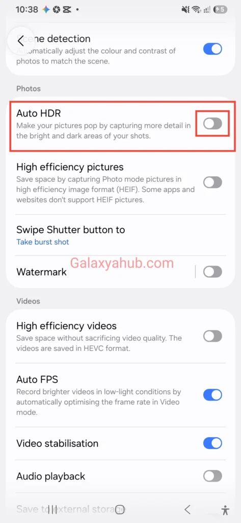 Galaxy A56 auto HDR toggle disabled in camera settings