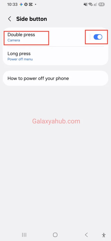 Enable camera quick launch side button setting on Samsung Galaxy A56