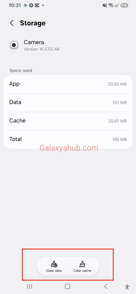 Samsung Galaxy A56 camera app clear cache and clear data settings