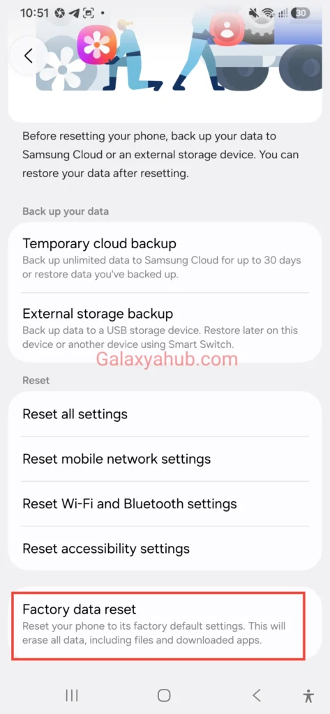 Factory data reset menu option on Samsung Galaxy A56