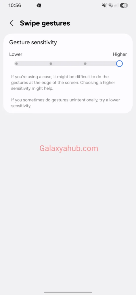 Samsung Galaxy A56 gesture sensitivity slider settings in One UI
