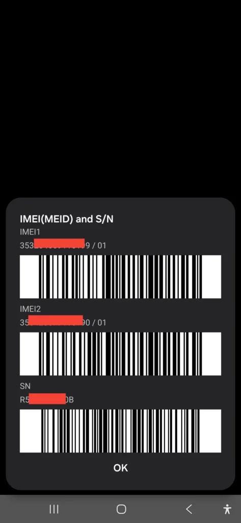 Samsung Galaxy A56 IMEI status check screen using dialer code
