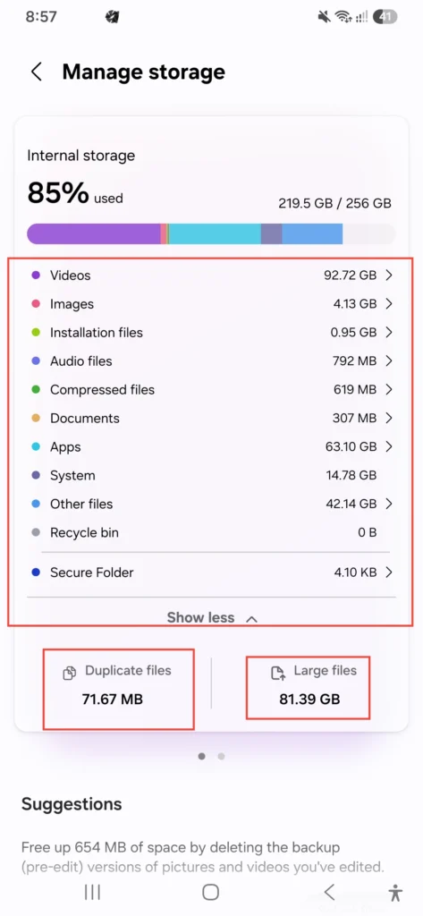 Samsung Galaxy A56 internal storage management showing 85 percent usage