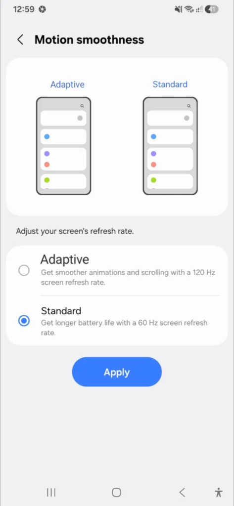 Set Motion smoothness to Standard 60Hz on Samsung Galaxy A56