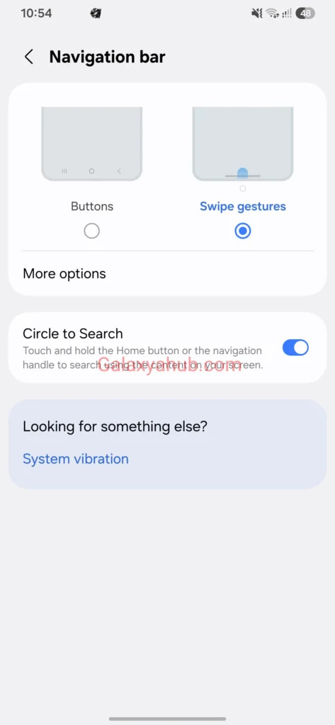 Samsung Galaxy A56 Navigation Bar menu with Swipe gestures enabled.
