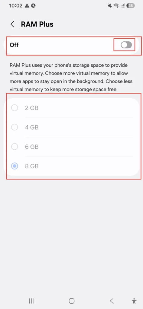Samsung Galaxy A56 RAM Plus settings turned off or set to 2GB