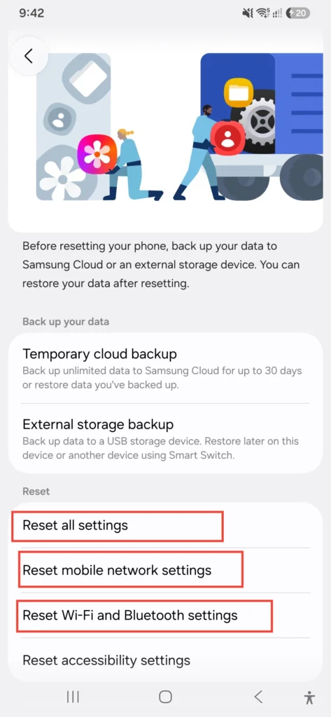 Samsung Galaxy A56 reset mobile network settings options menu